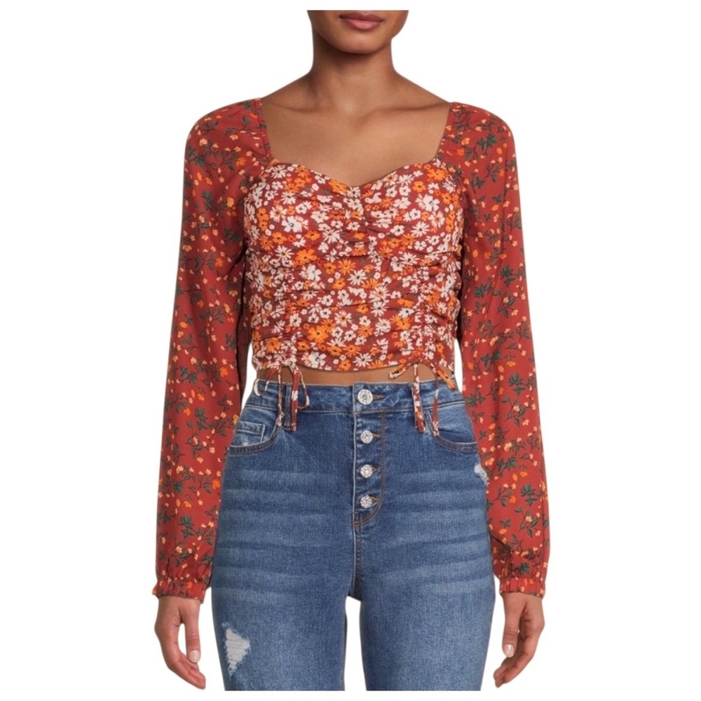 Madden NYC Floral Print Cropped Smocked Babydoll Long Sleeve Top Womens Med